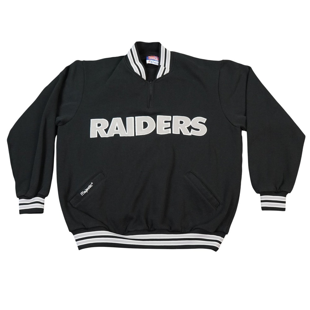 Vintage Raiders Majestic Sweatshirt Mens Large Black Silver Zip Pullover Varsity